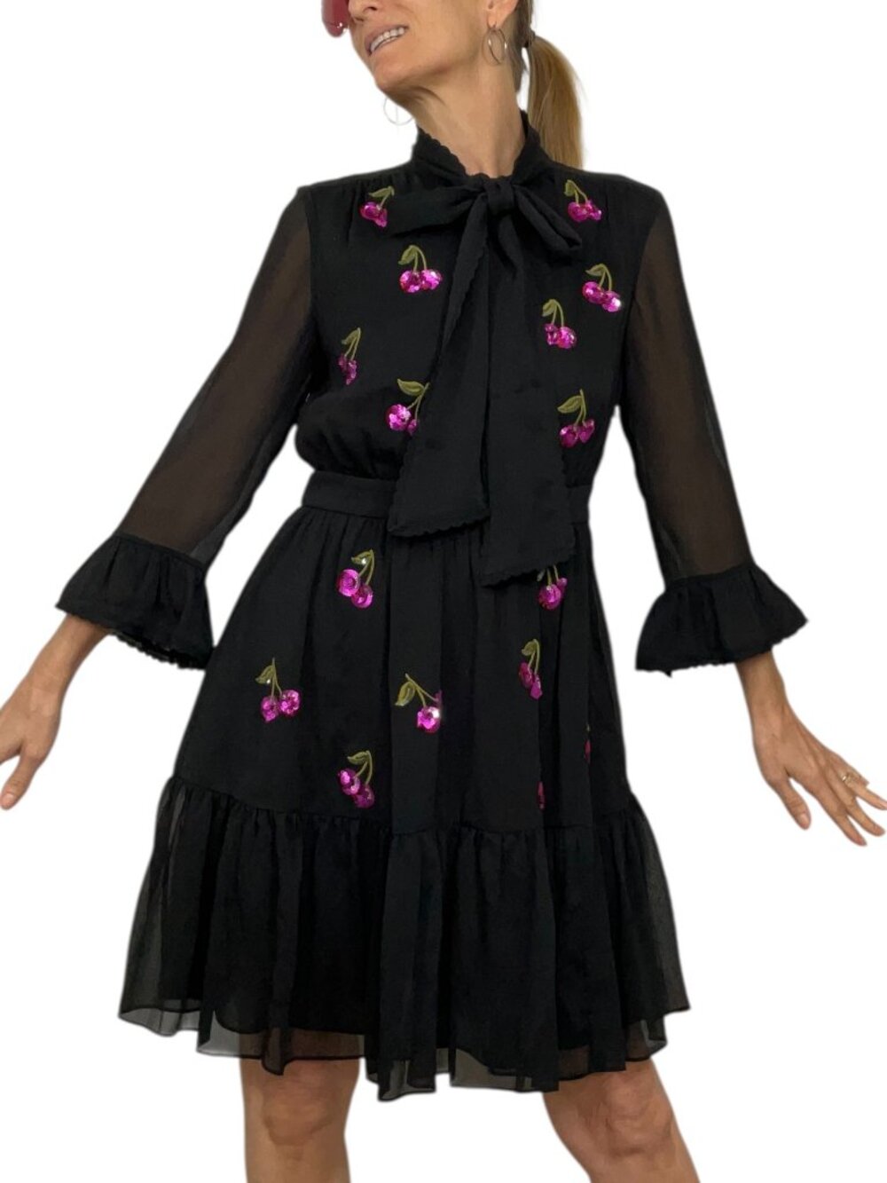 Kate Spade Sequins Cherries Shirtdress 4 Black Mini - Picture 2 of 16